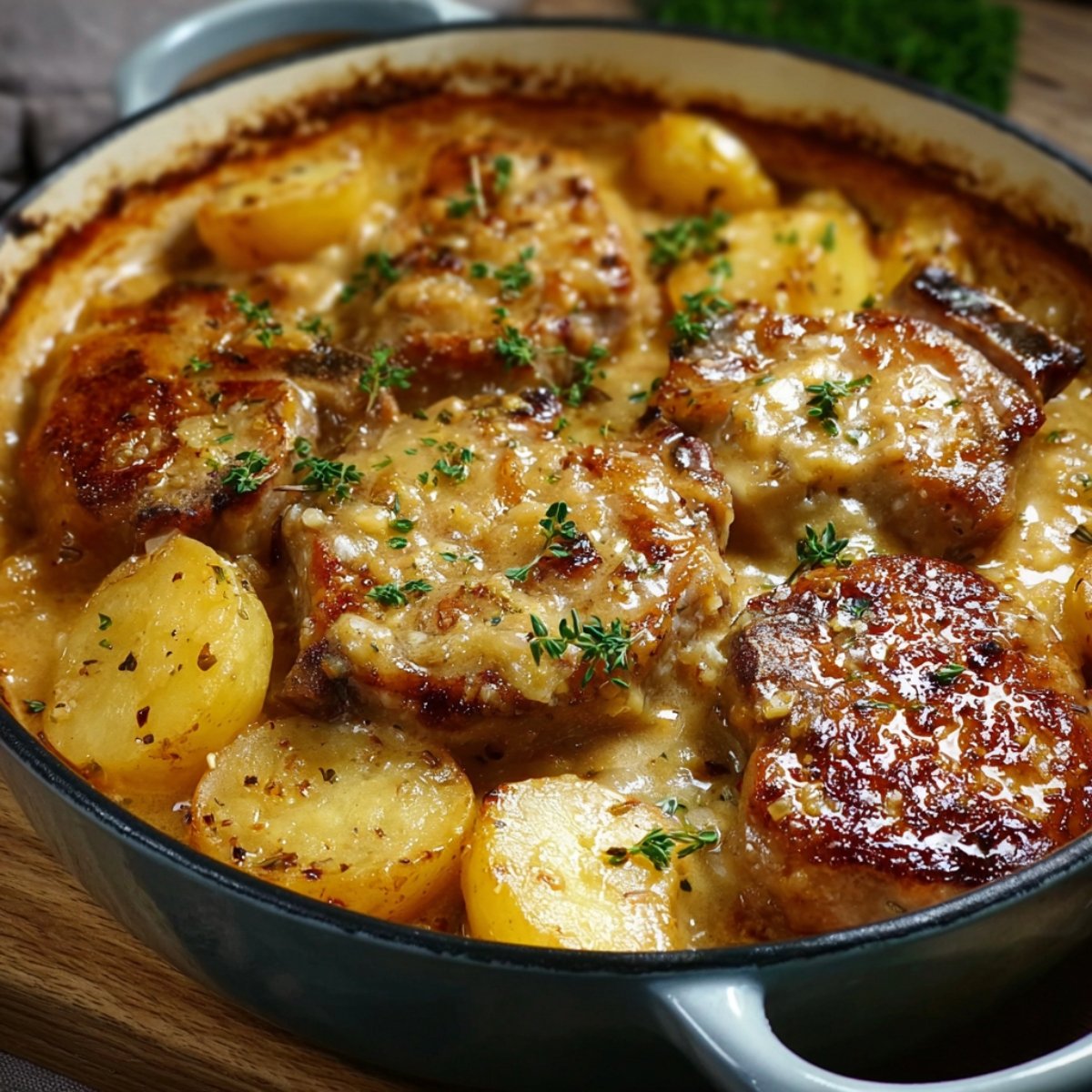 Easy Pork Chop and Potato Bake Recipe with tender potatoes in a creamy sauce, topped with fresh thyme in a rustic casserole dish.