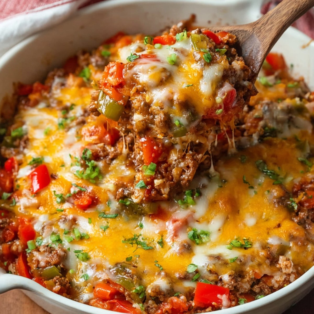 Easy Stuffed Pepper Casserole topped with melted cheese, ground beef, rice, red peppers, and green onions, with a spoon lifting a cheesy serving.