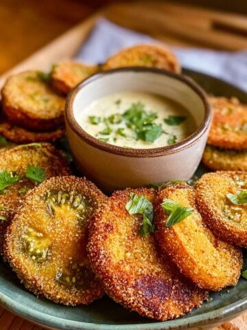 Stacked Fried Green Tomatoes with sauce and basil in a bowl, served with dipping sauce.