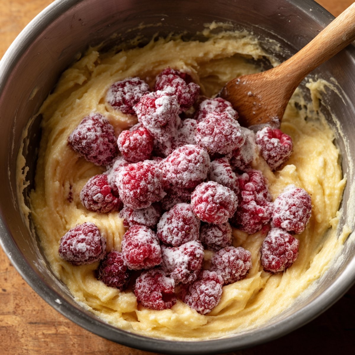 Fresh raspberries dusted with flour sit on top of yellow cupcake batter in a metal mixing bowl, ready to be folded in with a wooden spoon. A real, homemade baking scene.
