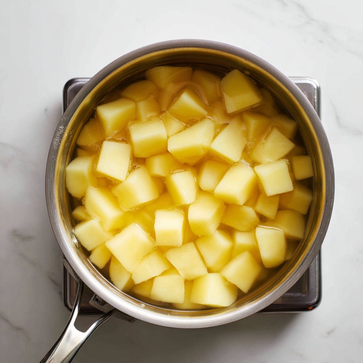 A saucepan with diced Yukon Gold potatoes simmering in water on a stovetop.