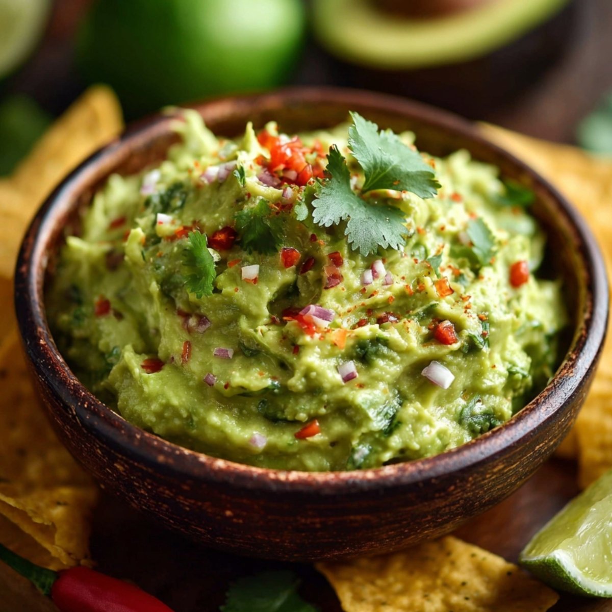 Rustic wooden bowl of chunky, bright green homemade Guacamole Recipe with cilantro, red onion, and chili garnish, surrounded by tortilla chips, lime wedge, and a red chili, in warm natural light.