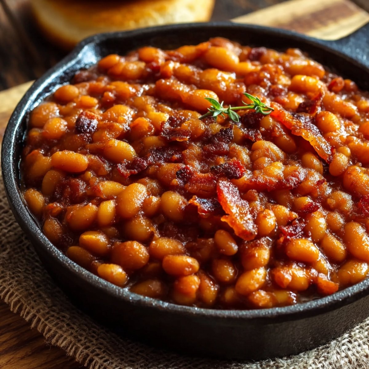 Homemade baked beans in a black cast-iron skillet, topped with crispy bacon pieces and a small sprig of fresh thyme, sitting on rustic burlap with a blurred background of toasted buns.