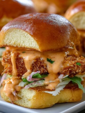 Homemade Bang Bang Chicken Sliders on a white plate, with a glossy golden bun, crispy fried chicken, creamy orange bang bang sauce dripping down, fresh shredded lettuce, and herbs for garnish.