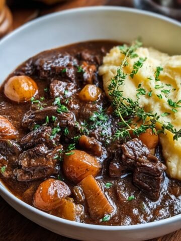 Homemade Beef Bourguignon Slow Cooker with tender beef, carrots, and mushrooms in rich wine sauce, served with mashed potatoes and parsley.