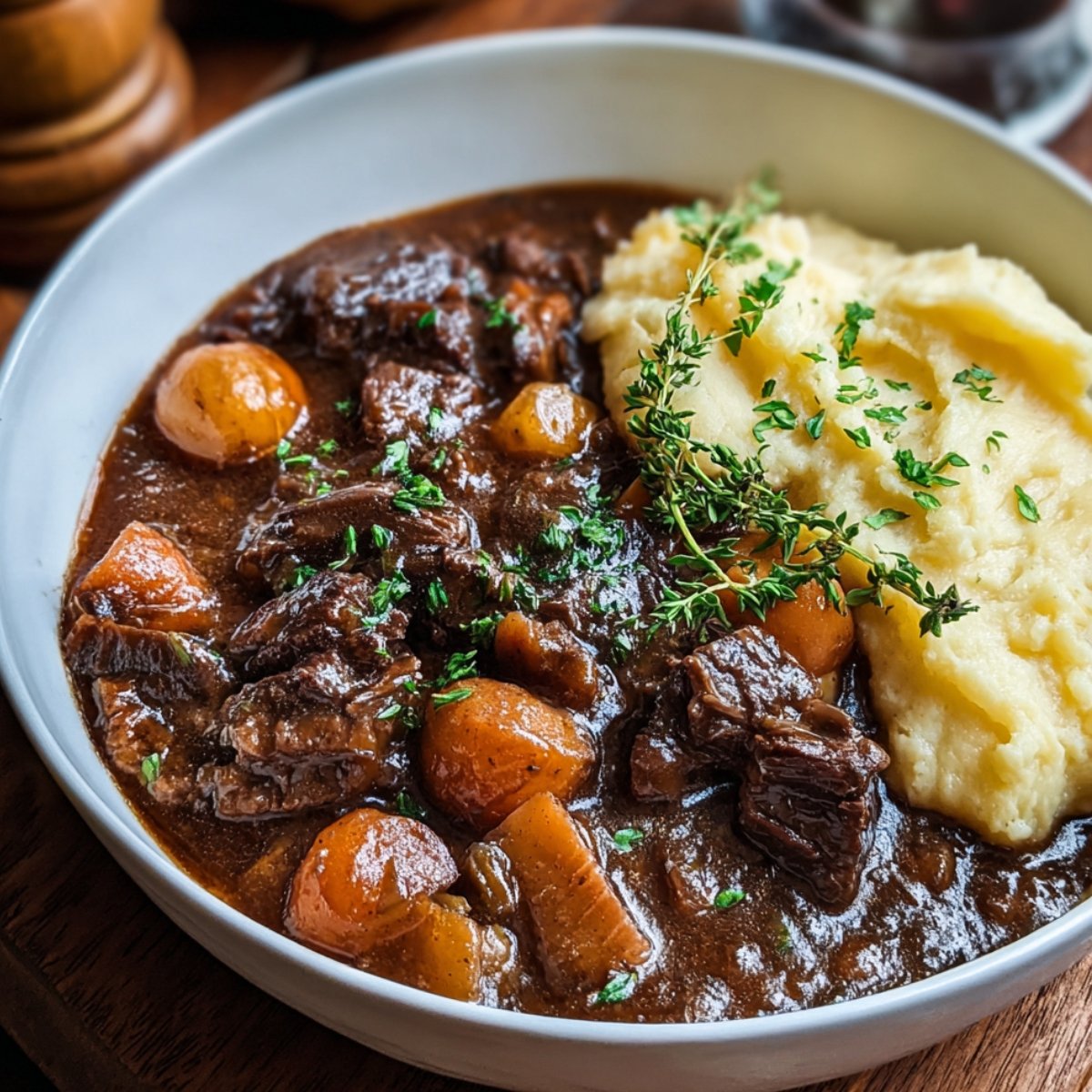 Homemade Beef Bourguignon Slow Cooker with tender beef, carrots, and mushrooms in rich wine sauce, served with mashed potatoes and parsley.