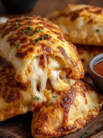 Homemade cheesy pizza pockets with golden, crispy crust and melted mozzarella stretching from the center, served on a wooden board with a bowl of marinara sauce.