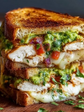 Homemade Chicken Avocado Melt Sandwich stacked on a wooden board, made with crispy golden sourdough, melted cheese, juicy chicken breast, and chunky avocado mixed with tomato, red onion, and cilantro.