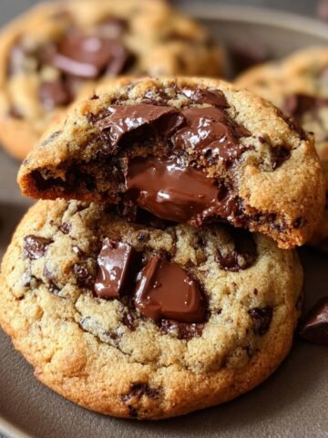 Homemade Chocolate Chip Cookies with large melted chocolate chunks, one broken open to reveal a gooey chocolate center, on a dark plate.