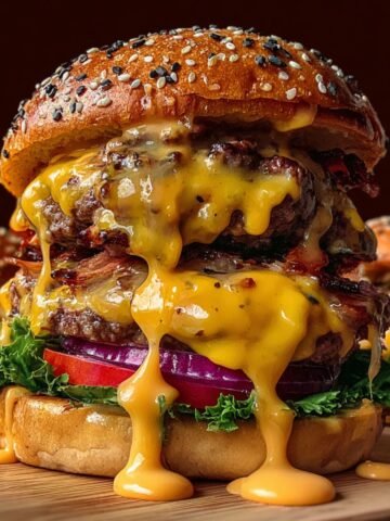 Close-up of a juicy Crack Burgers with double beef patties, crispy bacon, melted cheese dripping down, lettuce, red onion, and a seeded brioche bun on a wooden board.