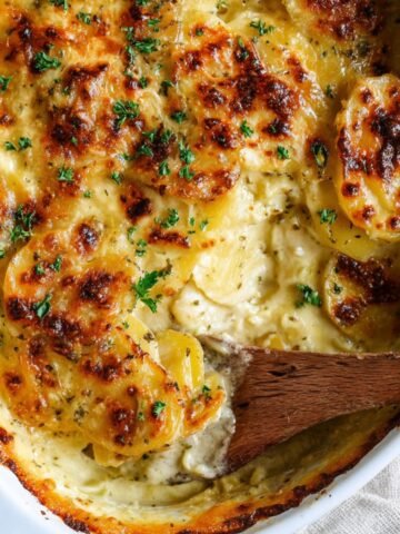 Homemade Creamy Au Gratin Potatoes in a white casserole dish with parsley garnish.