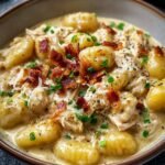 Homemade Creamy Crack Chicken Gnocchi with shredded chicken, golden gnocchi, crispy bacon, spinach, and parsley in a rich cream sauce.