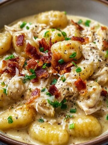 Homemade Creamy Crack Chicken Gnocchi with shredded chicken, golden gnocchi, crispy bacon, spinach, and parsley in a rich cream sauce.