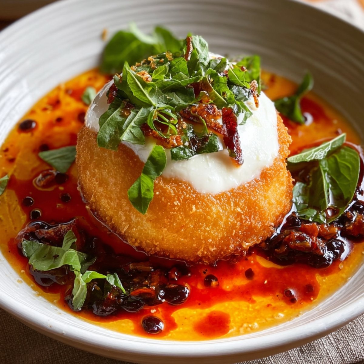 Homemade Fried Burrata Recipe in a white bowl with chili oil, fresh basil, and sun-dried tomato topping.