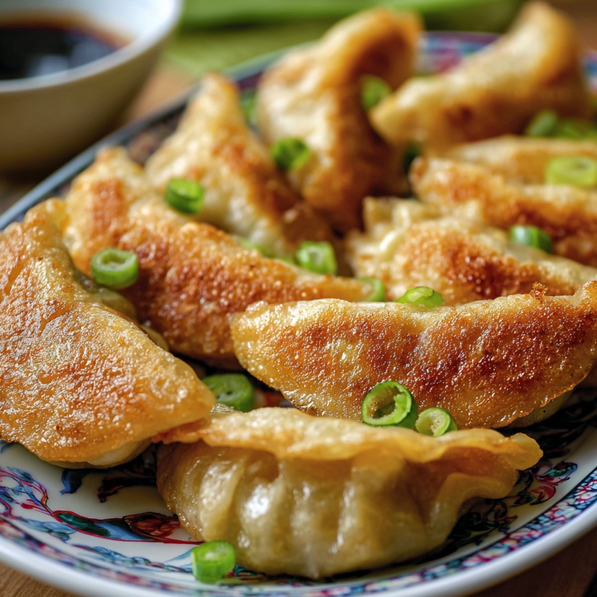 Homemade fried dumplings with crispy golden bottoms and pleated edges, garnished with sliced green onions on a patterned plate, with soy dipping sauce in the background.