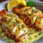 Homemade Garlic Butter Lobster Tails with golden meat, parsley, and lemon wedges in a white dish.