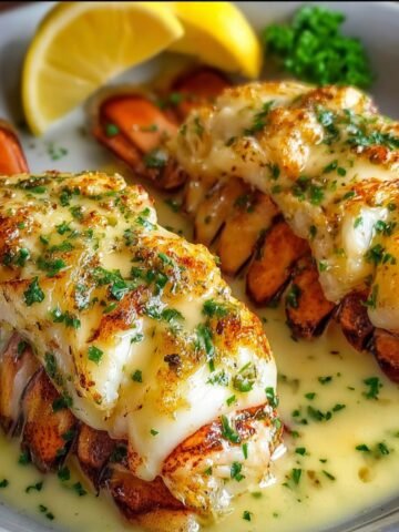 Homemade Garlic Butter Lobster Tails with golden meat, parsley, and lemon wedges in a white dish.