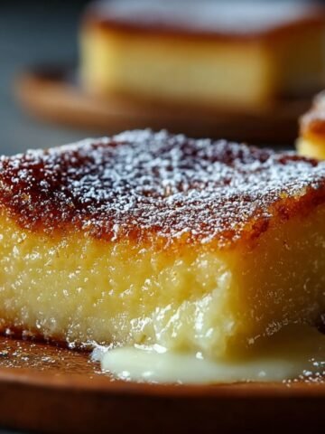 Homemade Gooey Butter Cake square with a soft, oozing center and powdered sugar on top, served on a wooden board.
