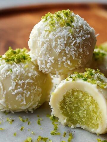 Homemade Key Lime Truffles coated in white chocolate, coconut, and lime zest, with one cut open to show the green filling on a marble surface.