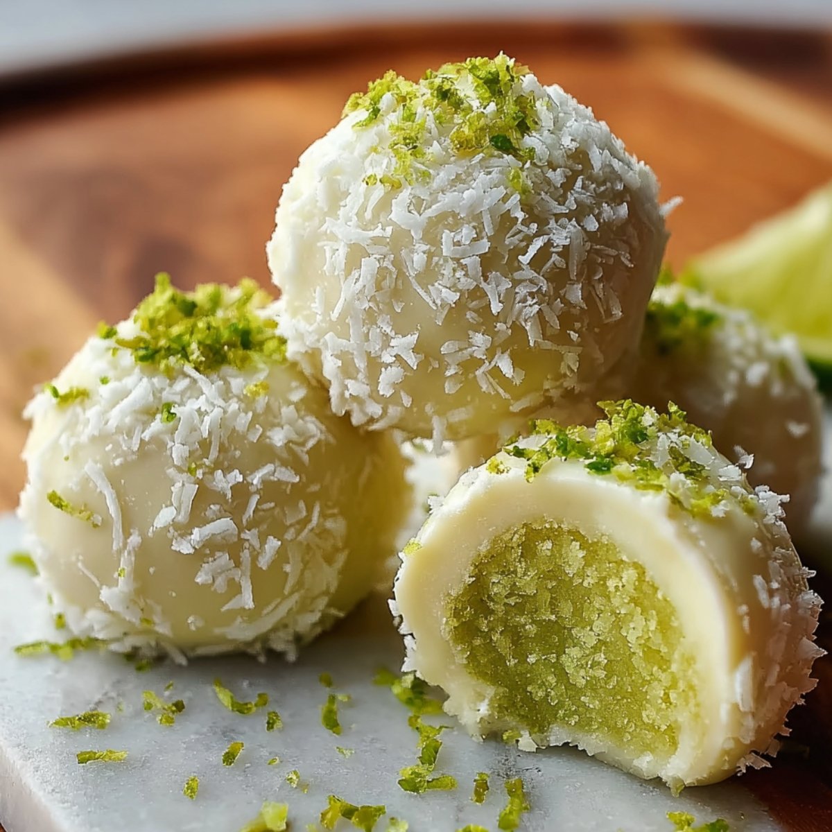 Homemade Key Lime Truffles coated in white chocolate, coconut, and lime zest, with one cut open to show the green filling on a marble surface.