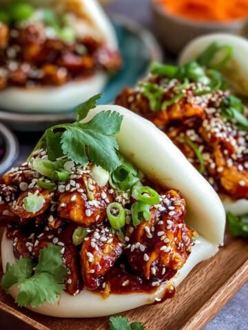 Homemade Korean chicken bao buns filled with crispy glazed chicken, shredded slaw, and topped with sesame seeds, cilantro, and green onions, served on a dark oval plate with extra herbs and sauce in the background.