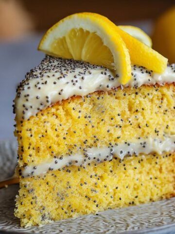 Homemade Lemon Poppyseed Cake with lemon frosting, poppy seed topping, and lemon wedge garnish on a textured plate with a gold fork.