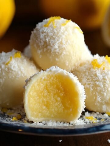 Homemade lemon truffles coated in powdered sugar with lemon zest, one bitten to show a creamy lemon center, on a white plate.