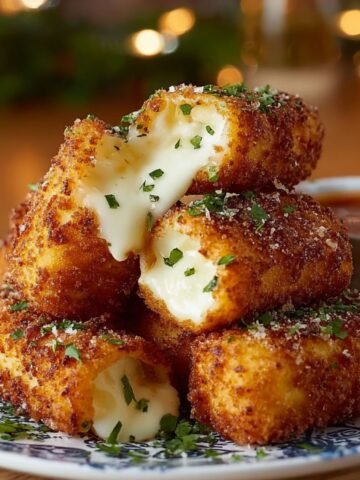 Homemade Nashville Hot Mozzarella Sticks on parchment paper, one split open with melted cheese, parsley garnish, and marinara sauce in a black ramekin behind.