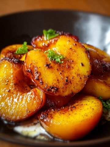 Homemade Pan Fried Peaches, golden and caramelized with crisp edges, glistening in a buttery glaze and garnished with fresh green herbs.