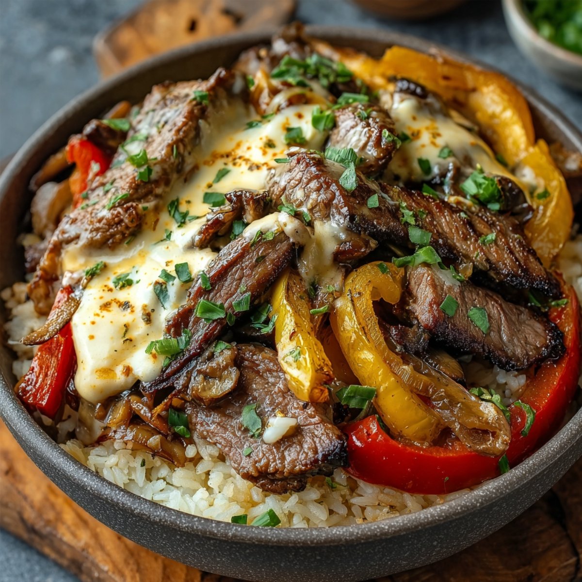 Homemade Philly cheesesteak bowl with rice, seared ribeye, sautéed peppers and onions, melted provolone cheese, and fresh parsley in a rustic bowl.