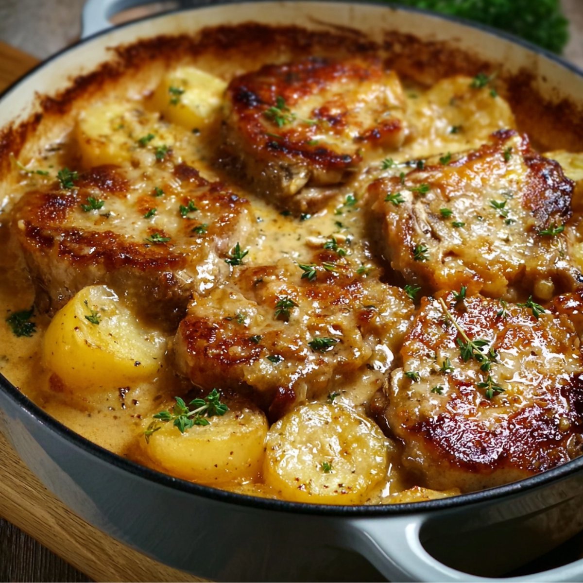 Homemade pork chop and potato bake with golden seared pork chops, tender potatoes, and creamy sauce, topped with fresh thyme in a rustic casserole dish.