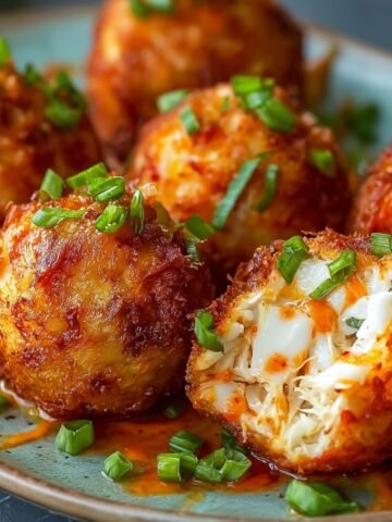 Homemade Rangoon Crab Bombs with green onions, one cut open showing creamy crab filling, served with soy chili dipping sauce on a blue-and-white plate.