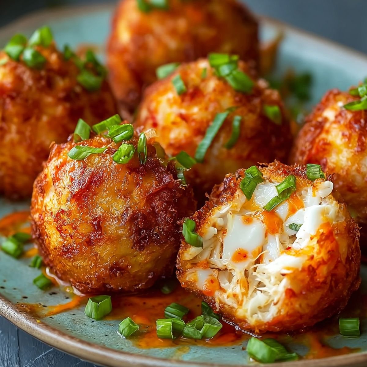 Homemade Rangoon Crab Bombs with green onions, one cut open showing creamy crab filling, served with soy chili dipping sauce on a blue-and-white plate.