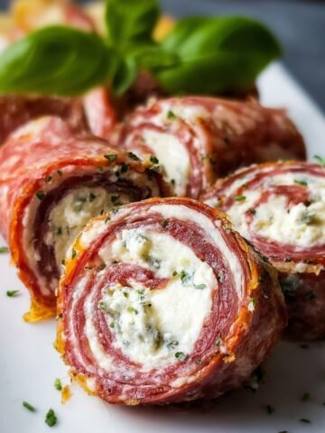 Homemade Salami Cream Cheese Roll Ups sliced into pinwheels on a white plate, garnished with herbs and fresh basil.