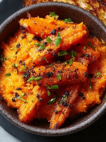Homemade Smashed Carrotswde on a rustic plate, golden orange with crispy edges, sprinkled with sea salt and fresh herbs, glistening with olive oil in warm natural light.