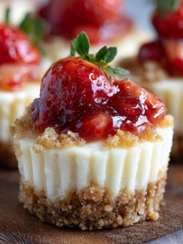 Homemade Strawberry Cheesecake Bites with crumbly graham cracker crust, creamy filling, and glossy strawberry topping with a whole strawberry piece on top, on a wooden board.