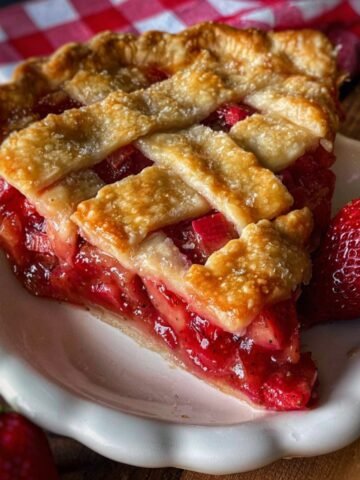 Homemade Strawberry Rhubarb Pie with golden lattice crust and glossy red filling, served with a fresh strawberry on a white plate.