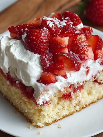 Homemade strawberry tres leches cake slice on a white plate, featuring fluffy whipped cream, juicy fresh strawberry topping, and moist sponge cake with a rustic, homemade look.