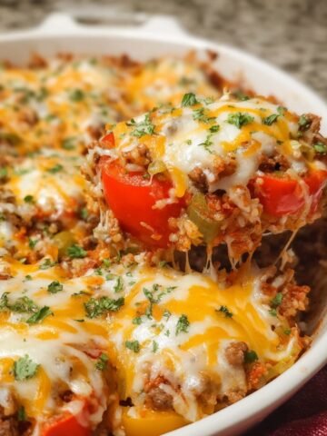 Homemade stuffed pepper casserole topped with melted cheddar and mozzarella, ground beef, rice, red and green bell peppers, and fresh herbs, with a wooden spoon lifting a cheesy serving.