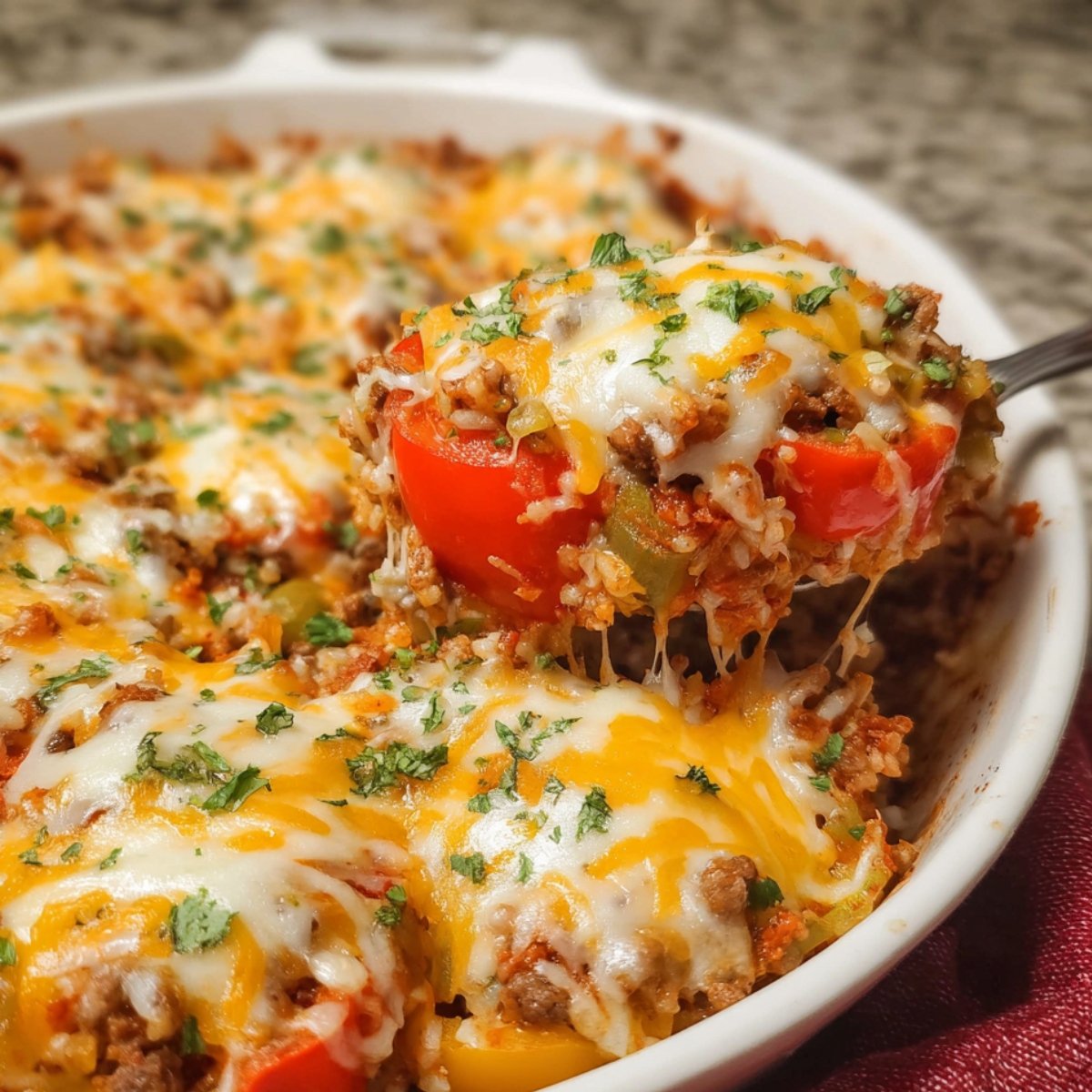 Homemade stuffed pepper casserole topped with melted cheddar and mozzarella, ground beef, rice, red and green bell peppers, and fresh herbs, with a wooden spoon lifting a cheesy serving.