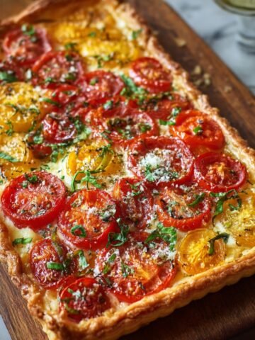 Homemade tomato tart with red and yellow tomatoes, herbs, and cheese on golden puff pastry.