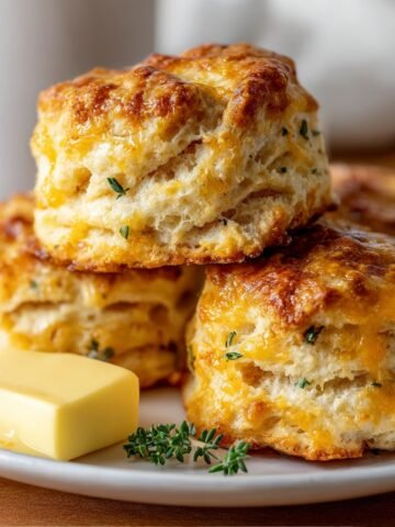 Homemade butter swim biscuits stacked on a plate with melted cheese, a pat of butter on the side, and a mug with an orange fish design in the background.