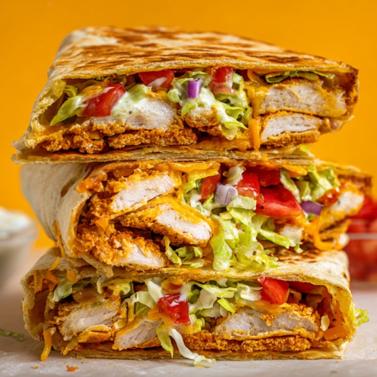 Stacked homemade chicken crunch wrap with grilled tortilla, chicken, lettuce, tomato, cheese, and sauce.