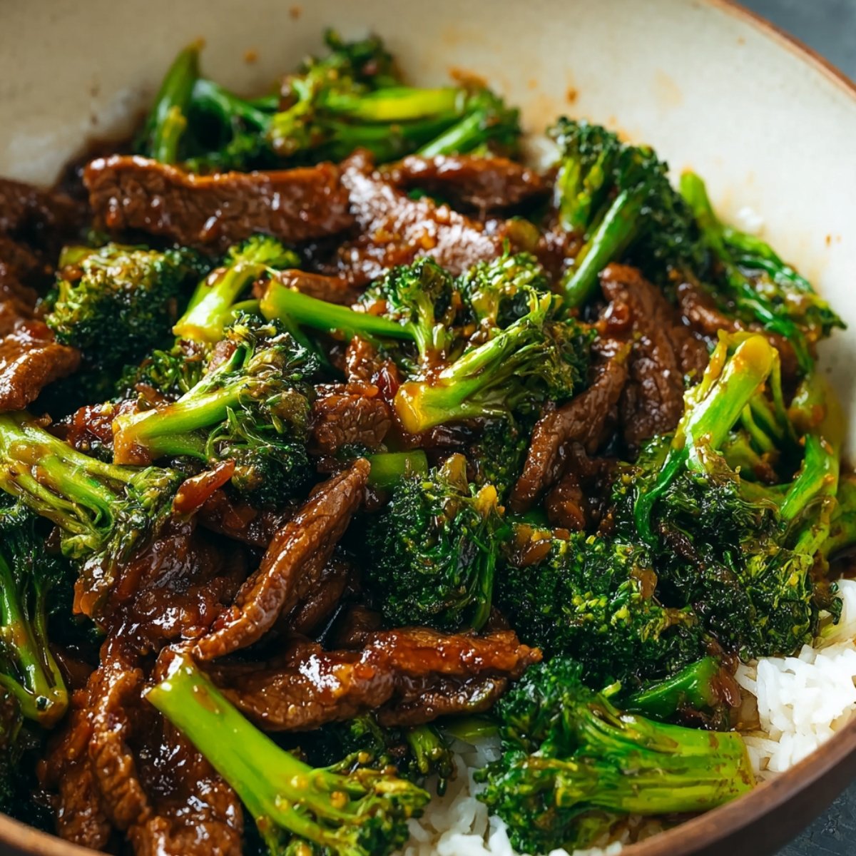 Close-up of homemade Chinese beef and broccoli in a black and red bowl, tender beef in glossy brown sauce with vibrant broccoli, green onions, and sesame seeds, natural daylight.