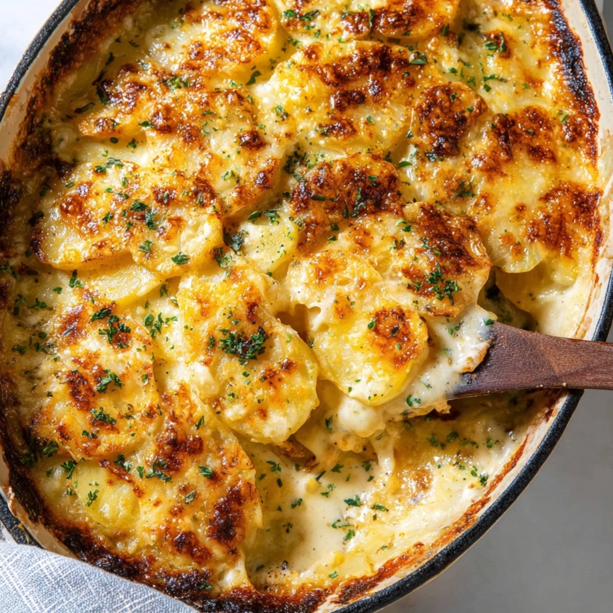 Golden, cheesy homemade Creamy Au Gratin Potatoes in a white casserole dish with parsley garnish.