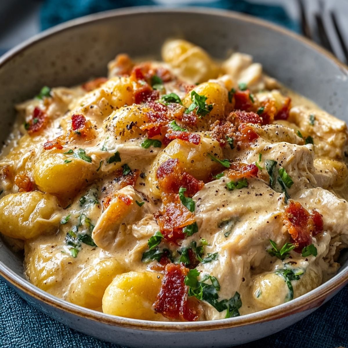 Skillet of homemade creamy crack chicken gnocchi with golden gnocchi, chicken, crispy bacon, parsley, and creamy sauce.