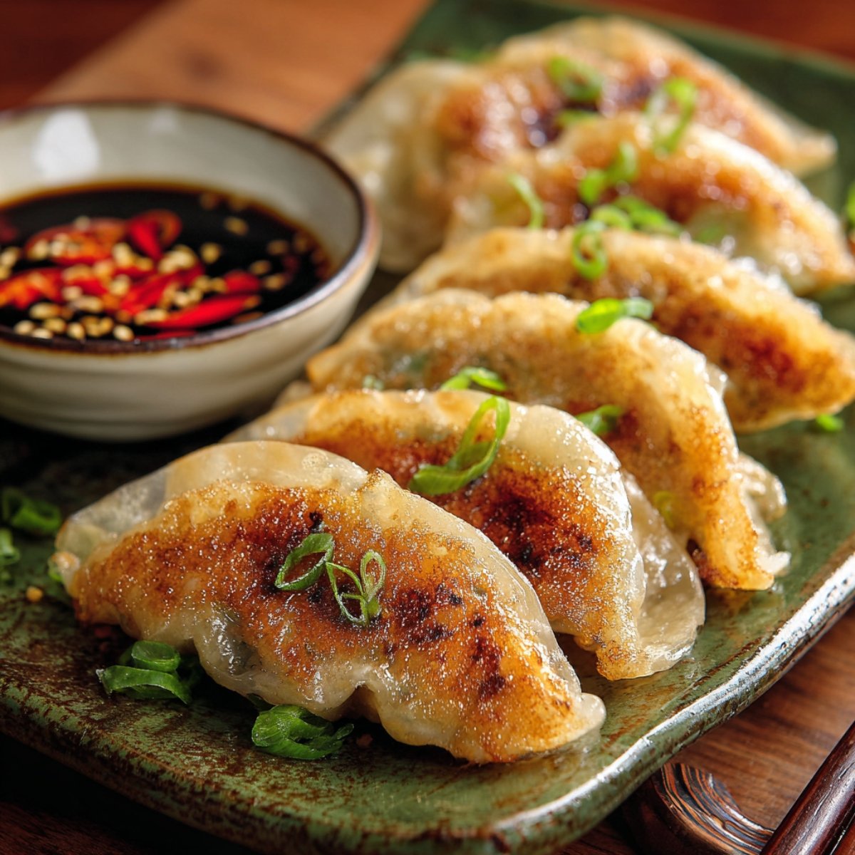 Homemade fried dumplings with golden crispy bottoms and pleated tops, garnished with green onions on a green ceramic plate, served with soy dipping sauce topped with chili and sesame seeds.