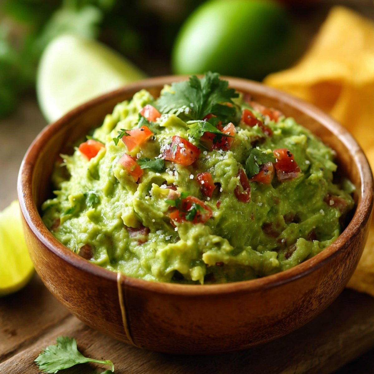 Light wooden bowl of chunky homemade guacamole recipe with tomato and cilantro garnish, on a wooden surface with lime and tortilla chips, in warm natural light.