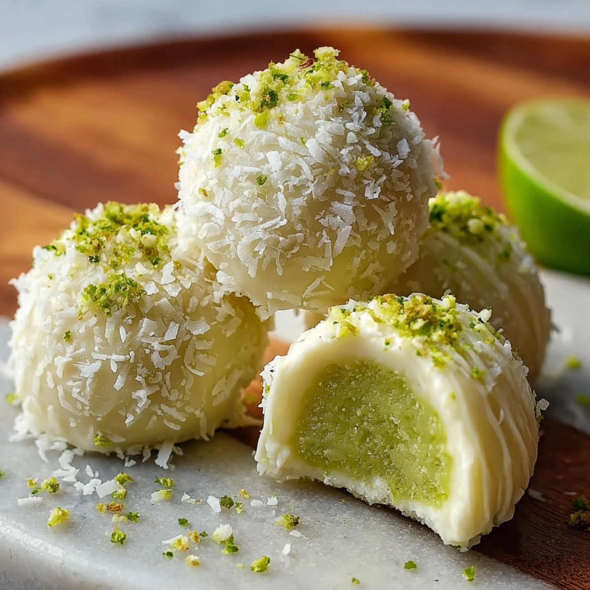 Close-up of homemade key lime truffles coated in coconut and lime zest, with one cut open to show the green filling on a wooden board.