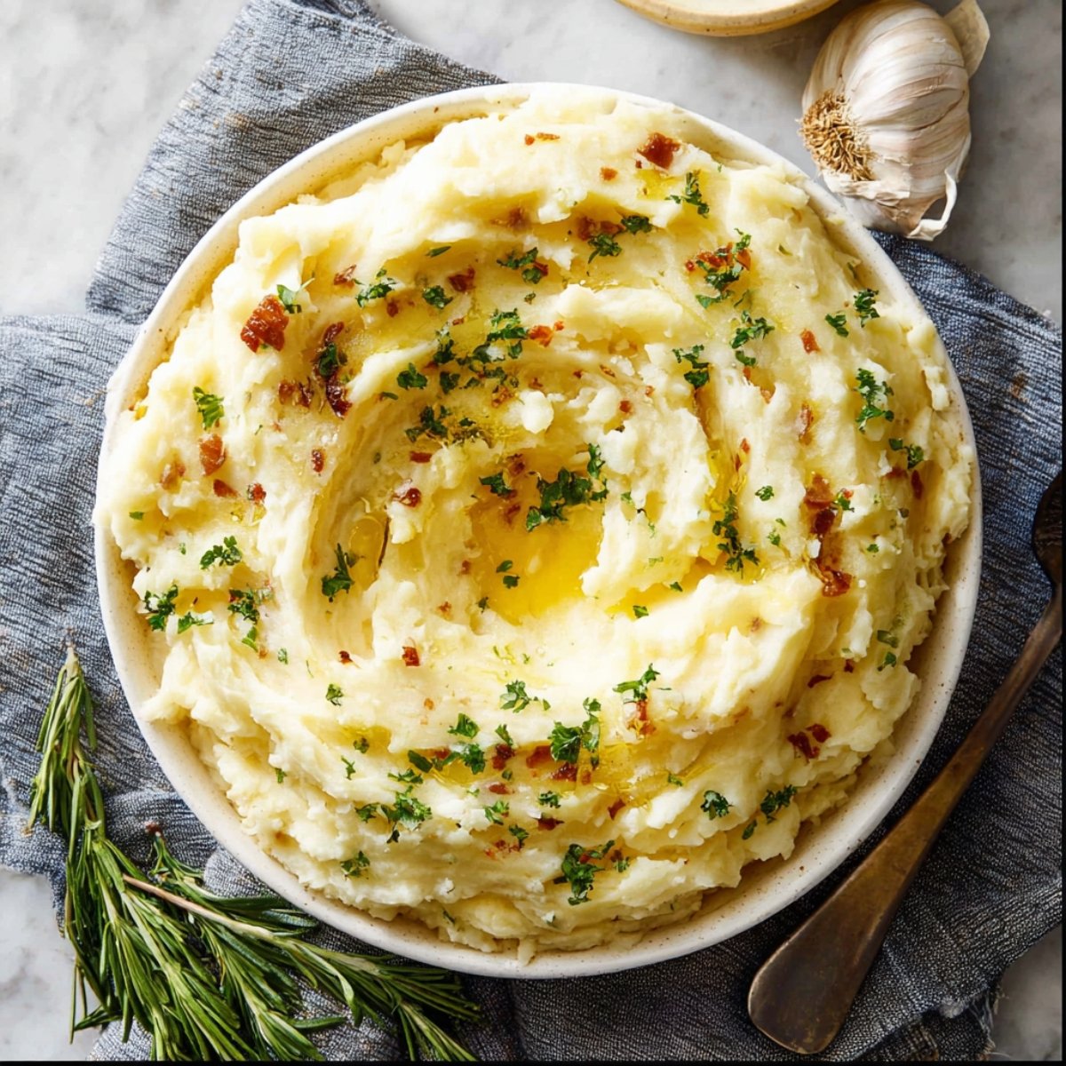 A bowl of fluffy homemade Mashed Potatoes Recipe with melted butter, parsley, and crispy browned bits, served with garlic and rosemary on a gray cloth.